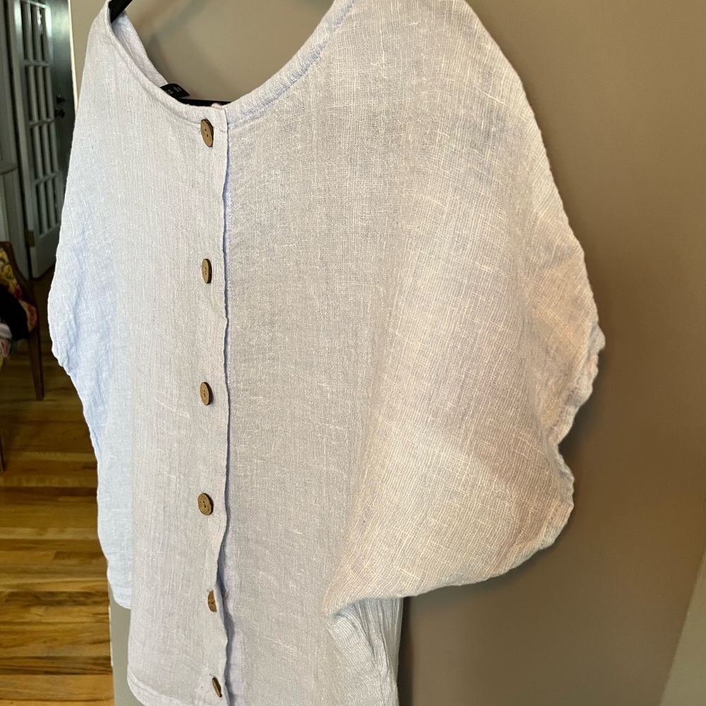 Tahari Light Blue 100% Linen Top with Button Back